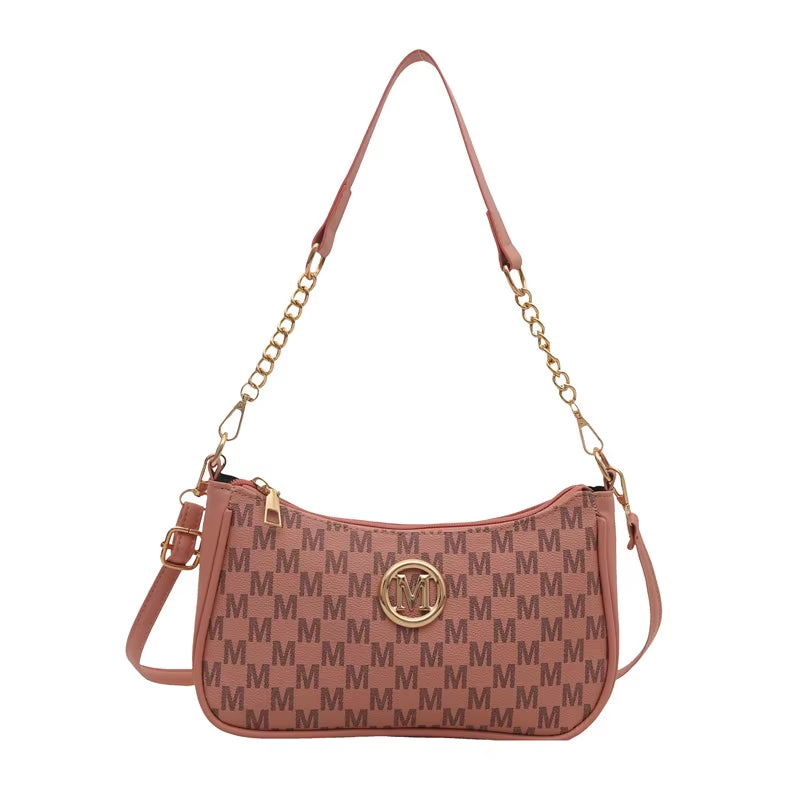 Vintage Style Handbag Crossbody Bag, Gold Letter 'M' Design Pu Leather Shoulder Messenger Bag, Synthetic Leather Tote Bag, Purse