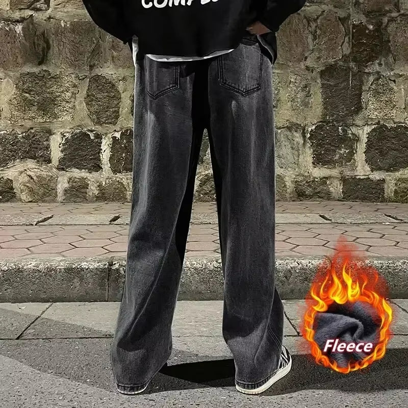 Winter Fleece Loose Jeans, Loose Straight Velvet Warm and Comfortable Elastic Waist Wide Leg Pants Brand Men'S Clothing