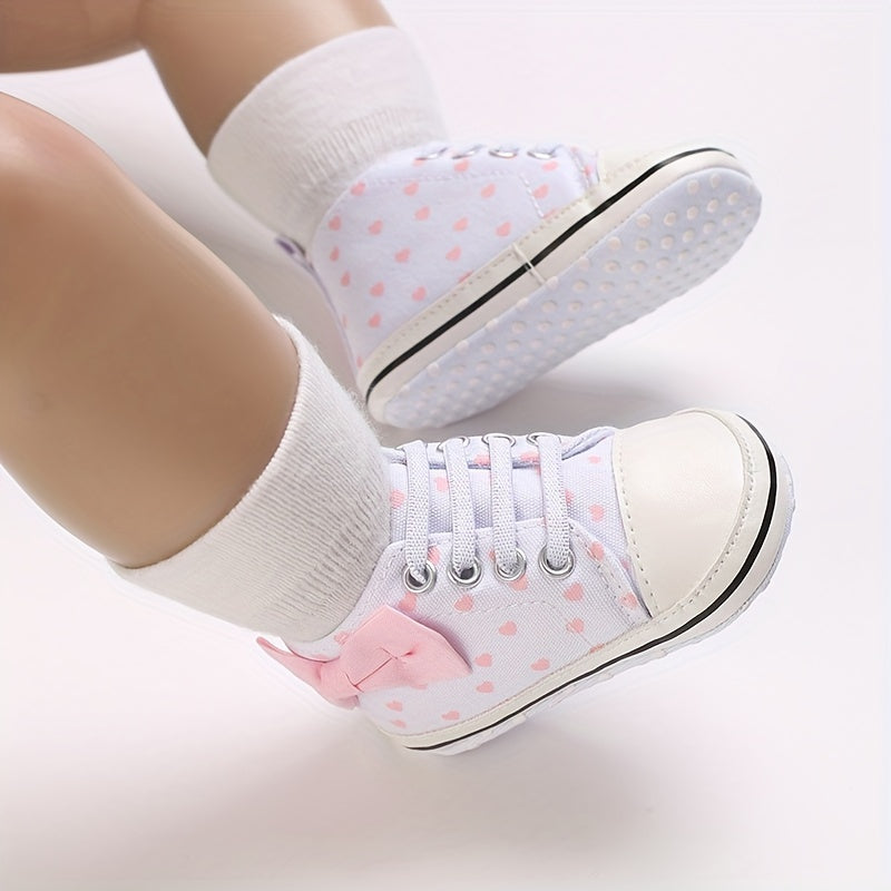 Baby Girls Heart Printed Lightweight Skate Shoes With Bowknot, Comfortable Non-slip Sport Walking Toddler Shoes, Fall Beauty World Shop