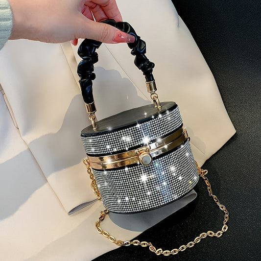 Mini Allover Rhinestone Handbag, Ruched Detail Evening Bucket Bag, Stylish Chain Shoulder Purse For Party (3.9*4.7*4.7) Inch - Perfect for Carnaval - Best Gifts for Women -  Stylish & Sparkling Beauty Fashion