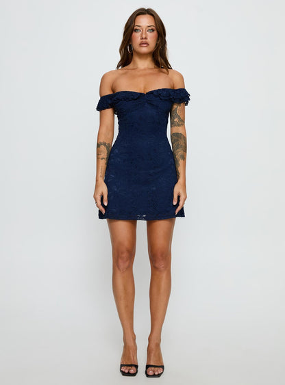 Anabeila Strapless Frill Mini Dress Navy Princess Polly