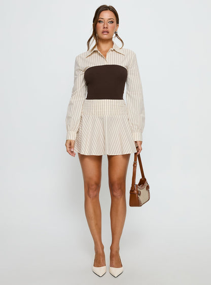 Belva Long Sleeve Corset Shirt Mini Dress Brown Stripe Princess Polly