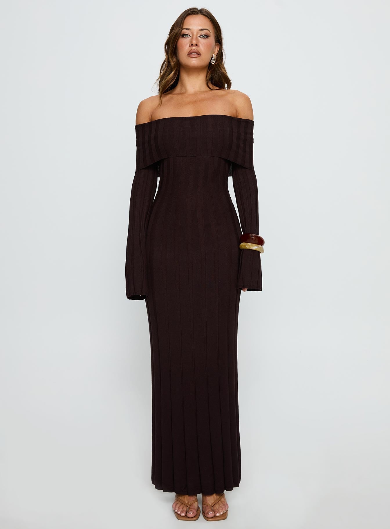 Ellouisa Long Sleeve Rib Maxi Dress Chocolate Princess Polly