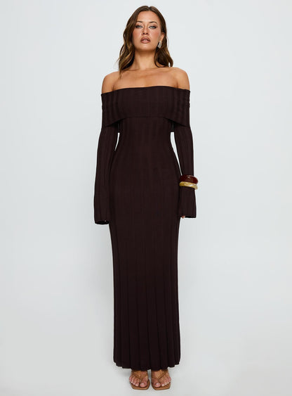 Ellouisa Long Sleeve Rib Maxi Dress Chocolate Princess Polly