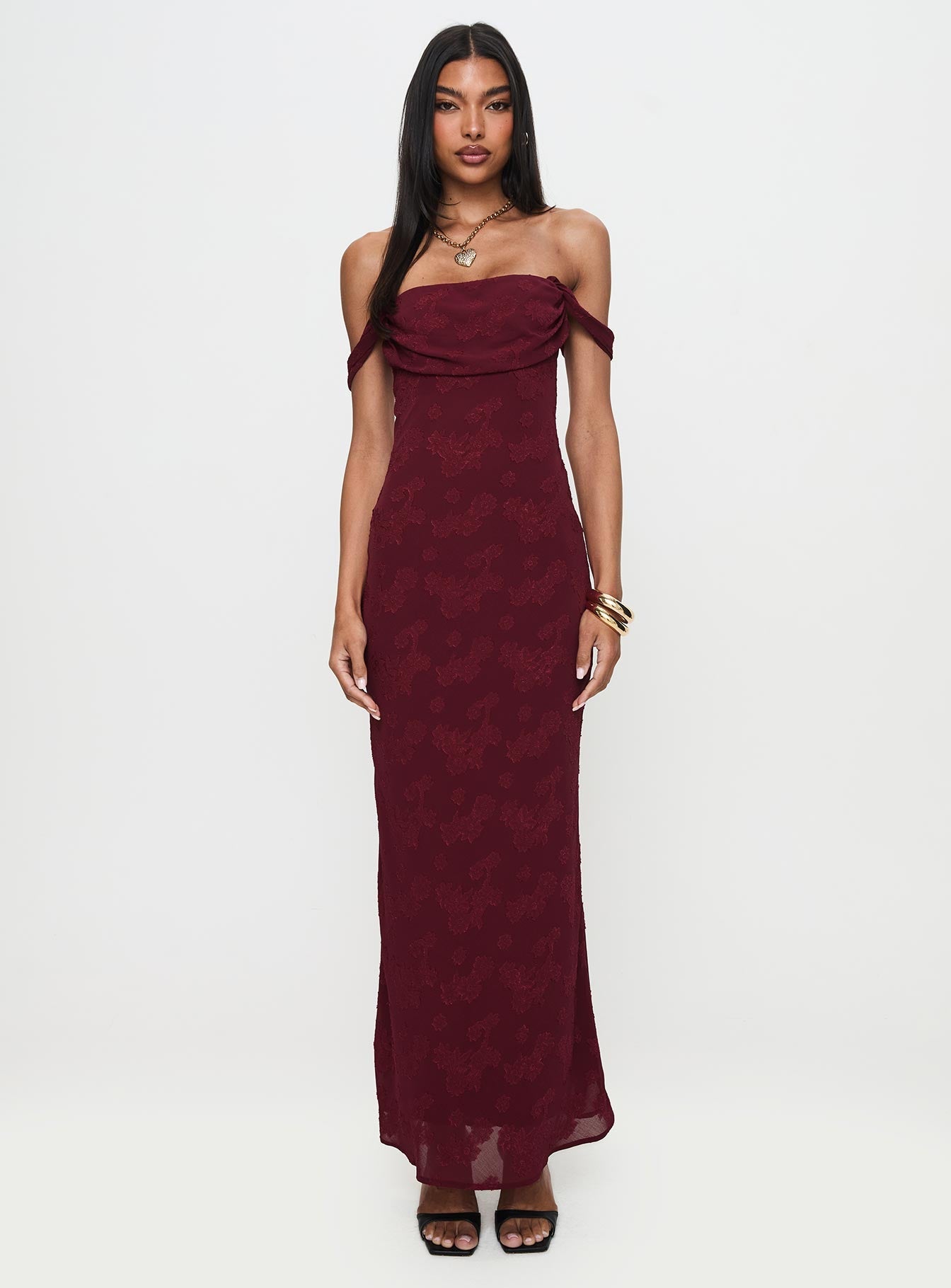 Azura Off The Shoulder Maxi Dress Burgundy Princess Polly