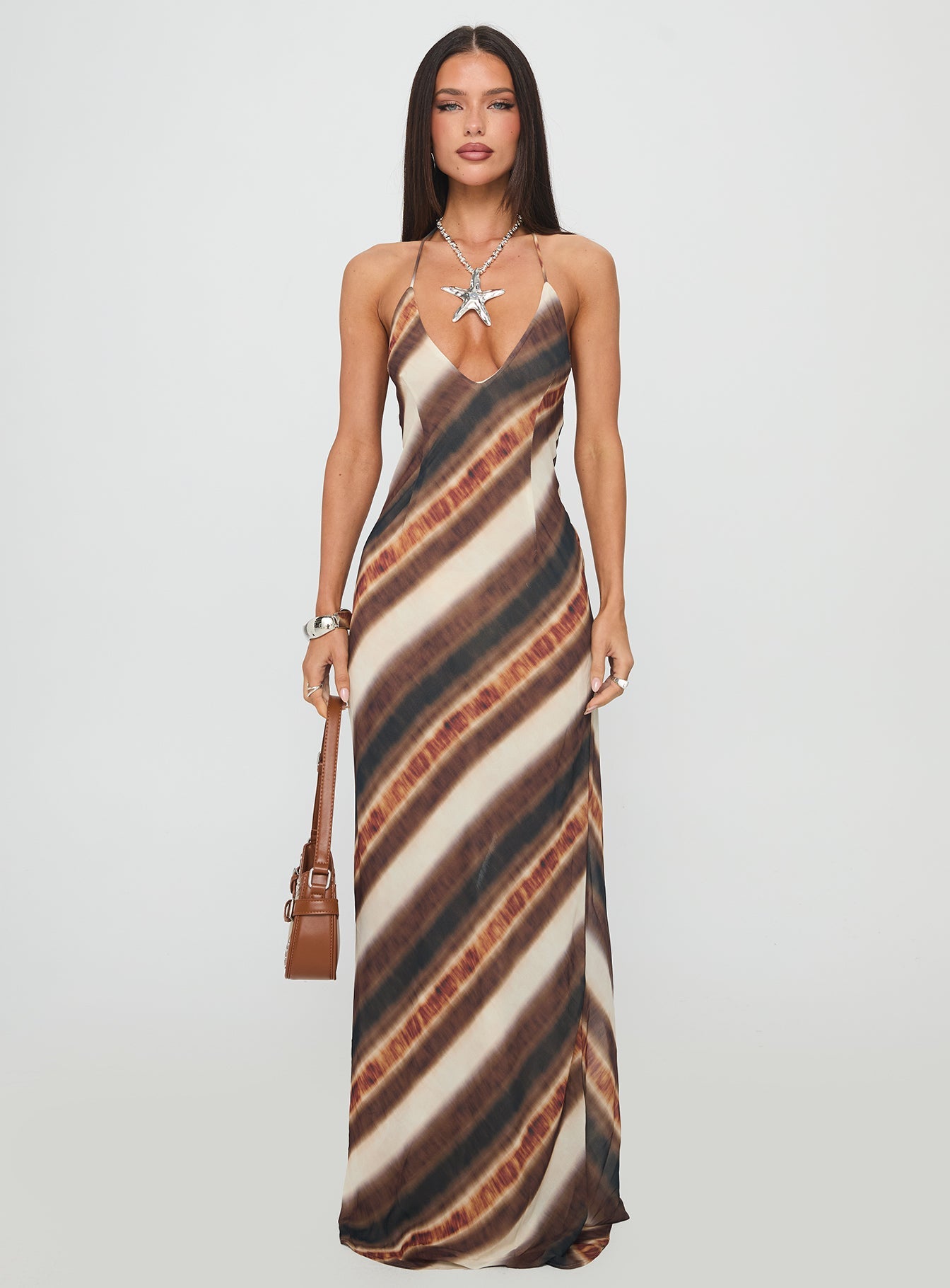 Esmira Halter Maxi Dress Brown Stripe Princess Polly