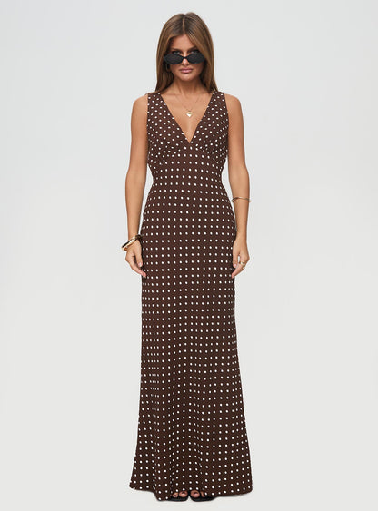 Nellie Maxi Dress Brown Polka Dot Princess Polly
