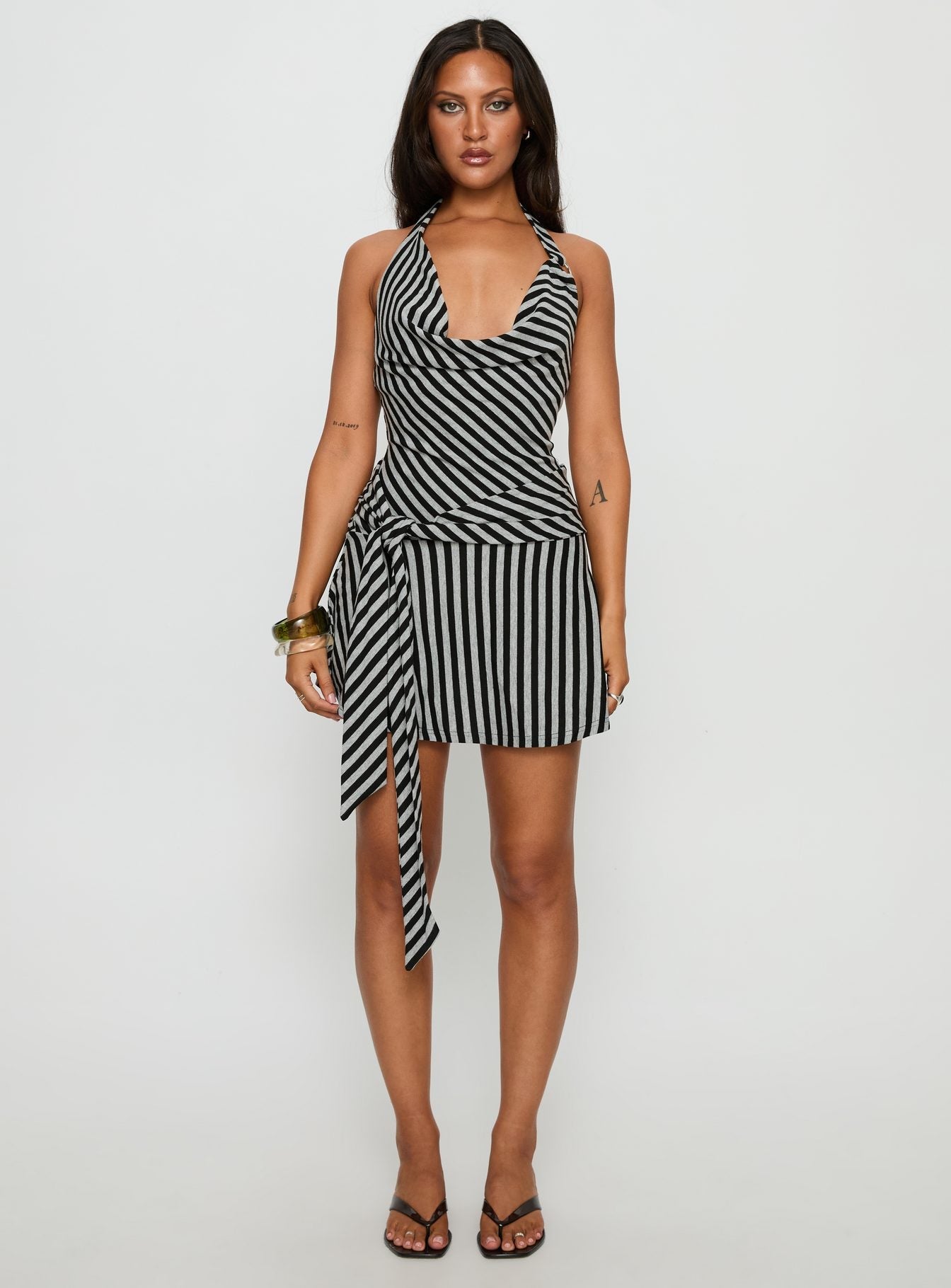 Terika Plunge Neck Halter Mini Dress Grey / Black Princess Polly