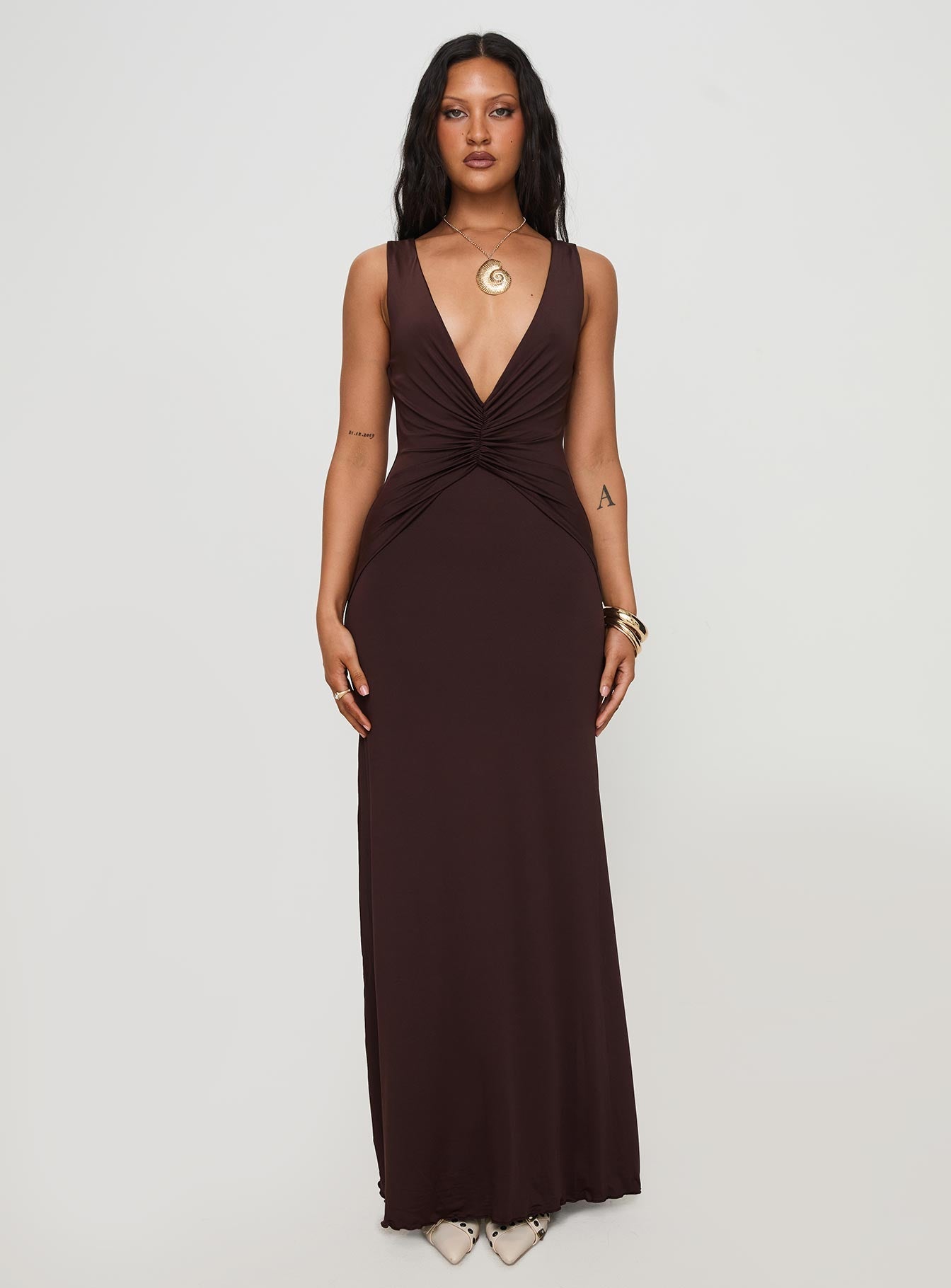 Frederica Plunge Maxi Dress Chocolate Princess Polly