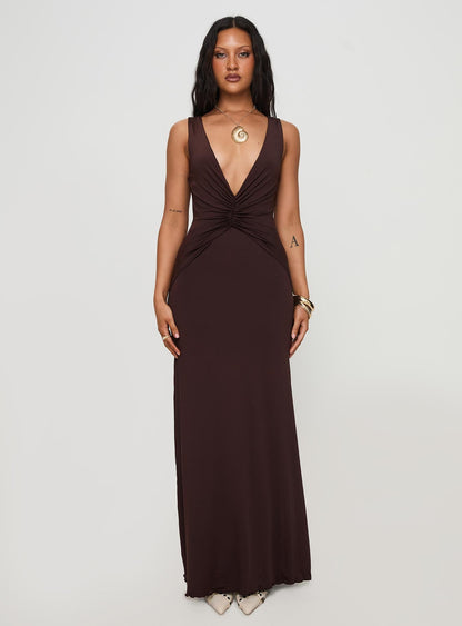 Frederica Plunge Maxi Dress Chocolate Princess Polly