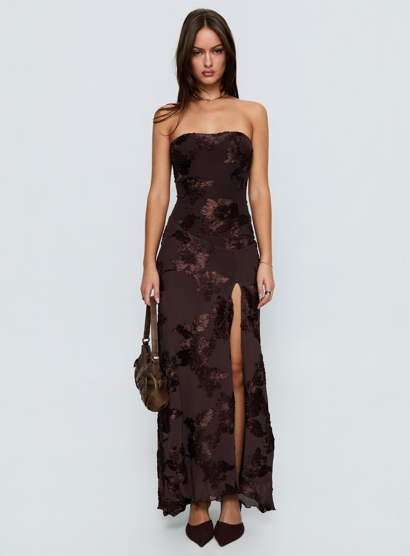 Maribeth Strapless Floral Maxi Dress Chocolate Brown Princess Polly