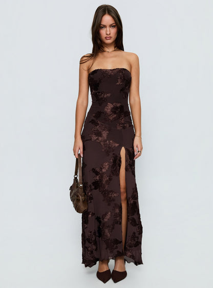 Maribeth Strapless Floral Maxi Dress Chocolate Brown Princess Polly
