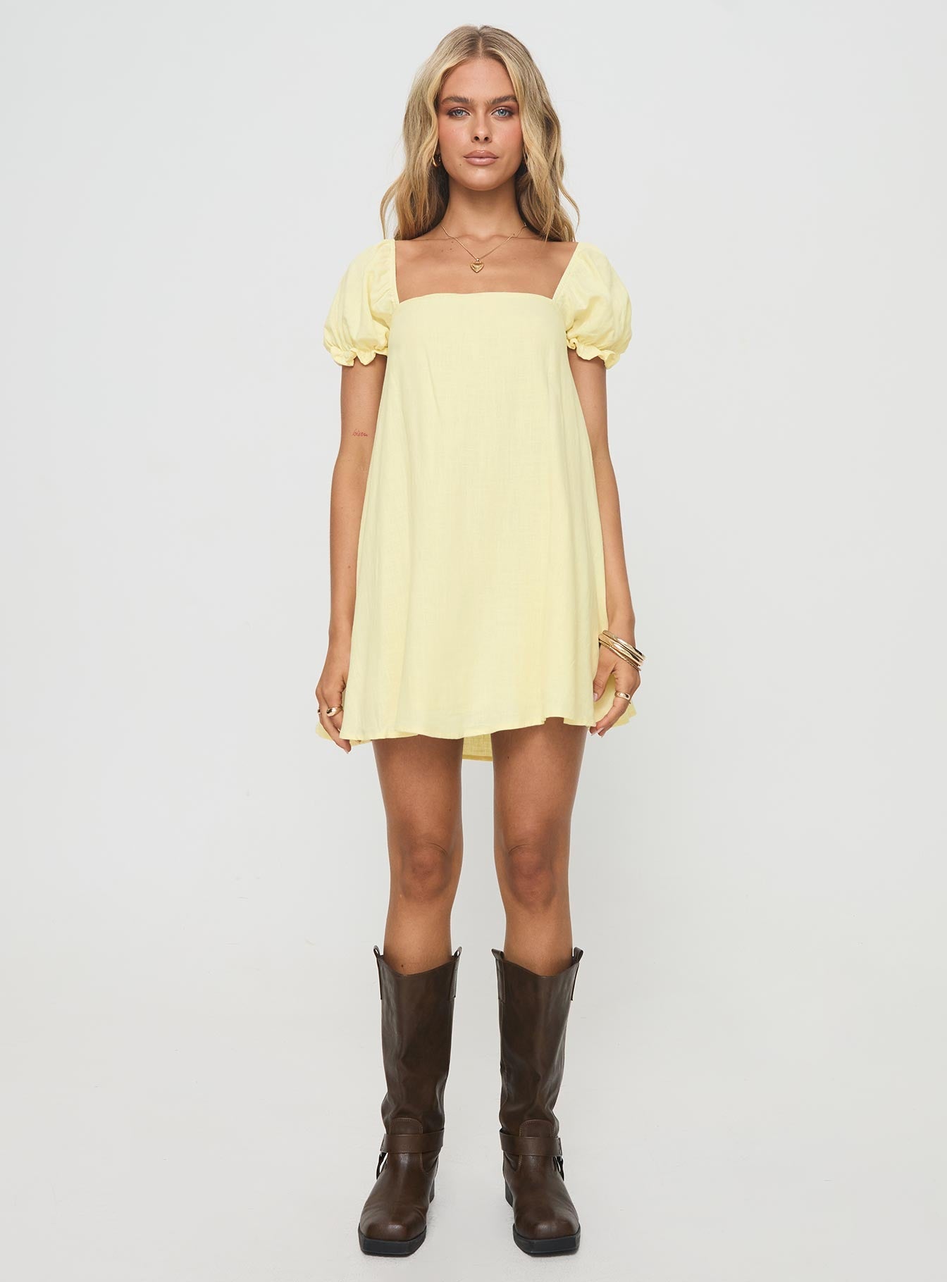 Beyond Linen Blend Mini Dress Yellow Princess Polly