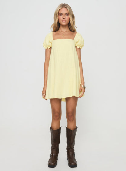 Beyond Linen Blend Mini Dress Yellow Princess Polly