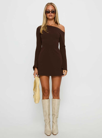 Adrietta Long Sleeve Off Shoulder Knit Mini Dress Brown Princess Polly