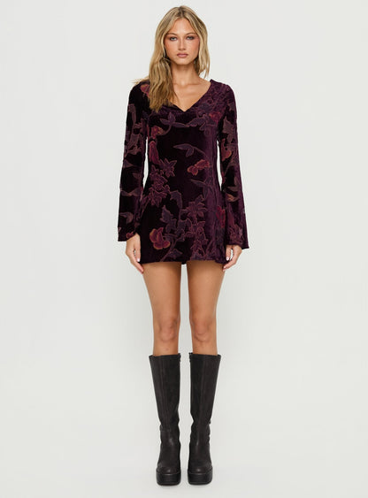 Alitra Long Sleeve Mini Dress Floral Devore Burgundy Princess Polly