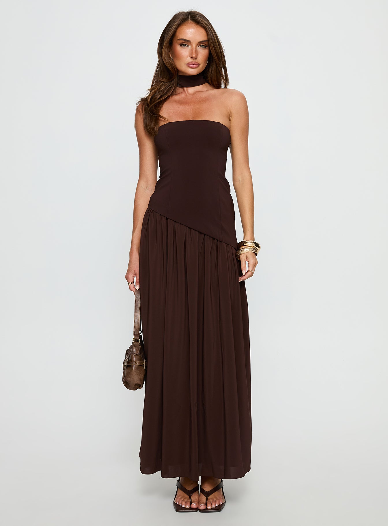 Odela Strapless Drop Waist Maxi Dress Chocolate Princess Polly
