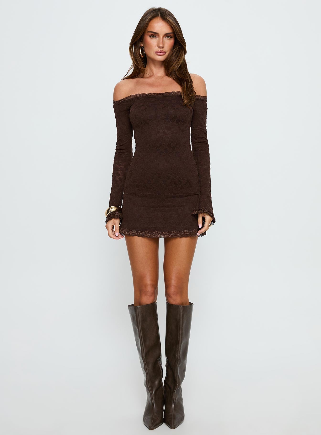Avenues Long Sleeve Lace Mini Dress Chocolate Princess Polly