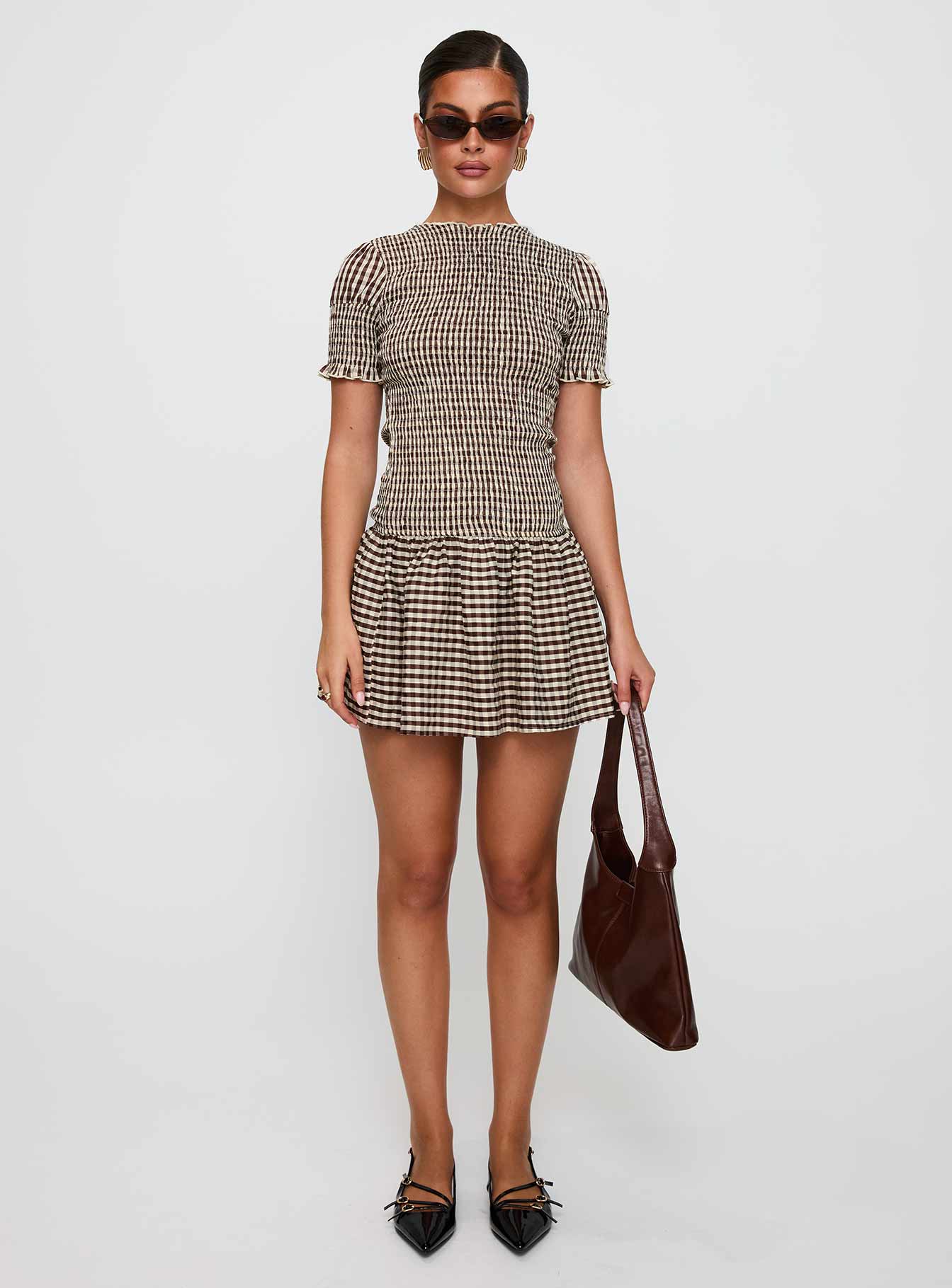 Laurita Shirred Mini Dress Brown Check Princess Polly