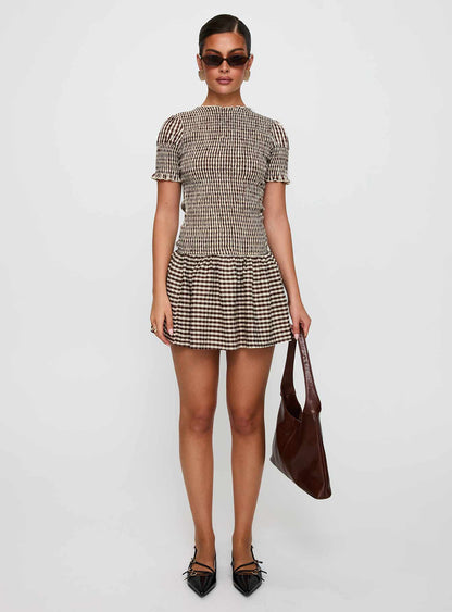 Laurita Shirred Mini Dress Brown Check Princess Polly