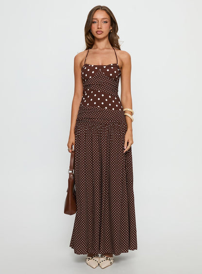 Marguerite Halter Maxi Dress Brown Polka Dot Princess Polly