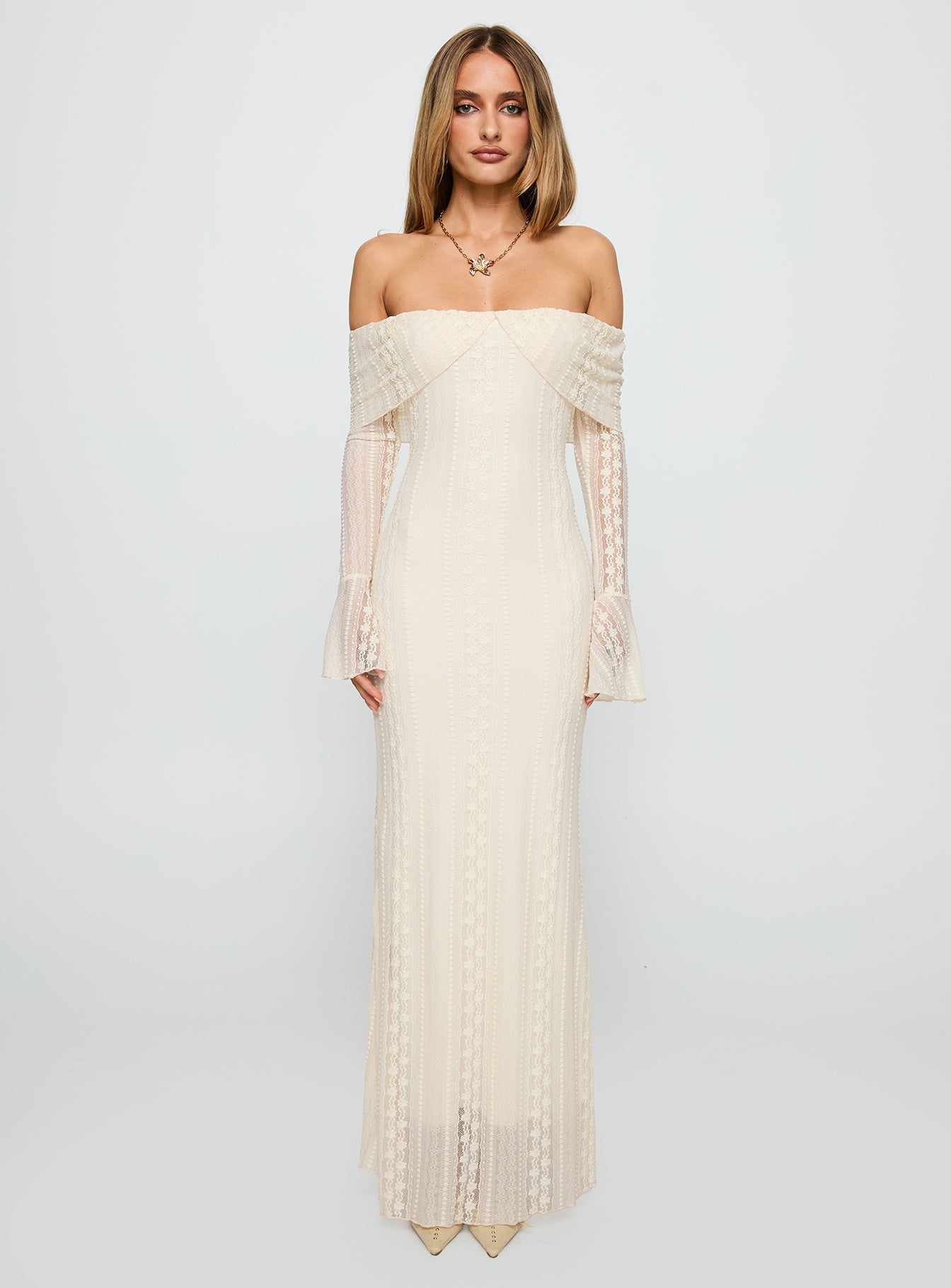 Perdita Long Sleeve Lace Maxi Dress Cream Princess Polly
