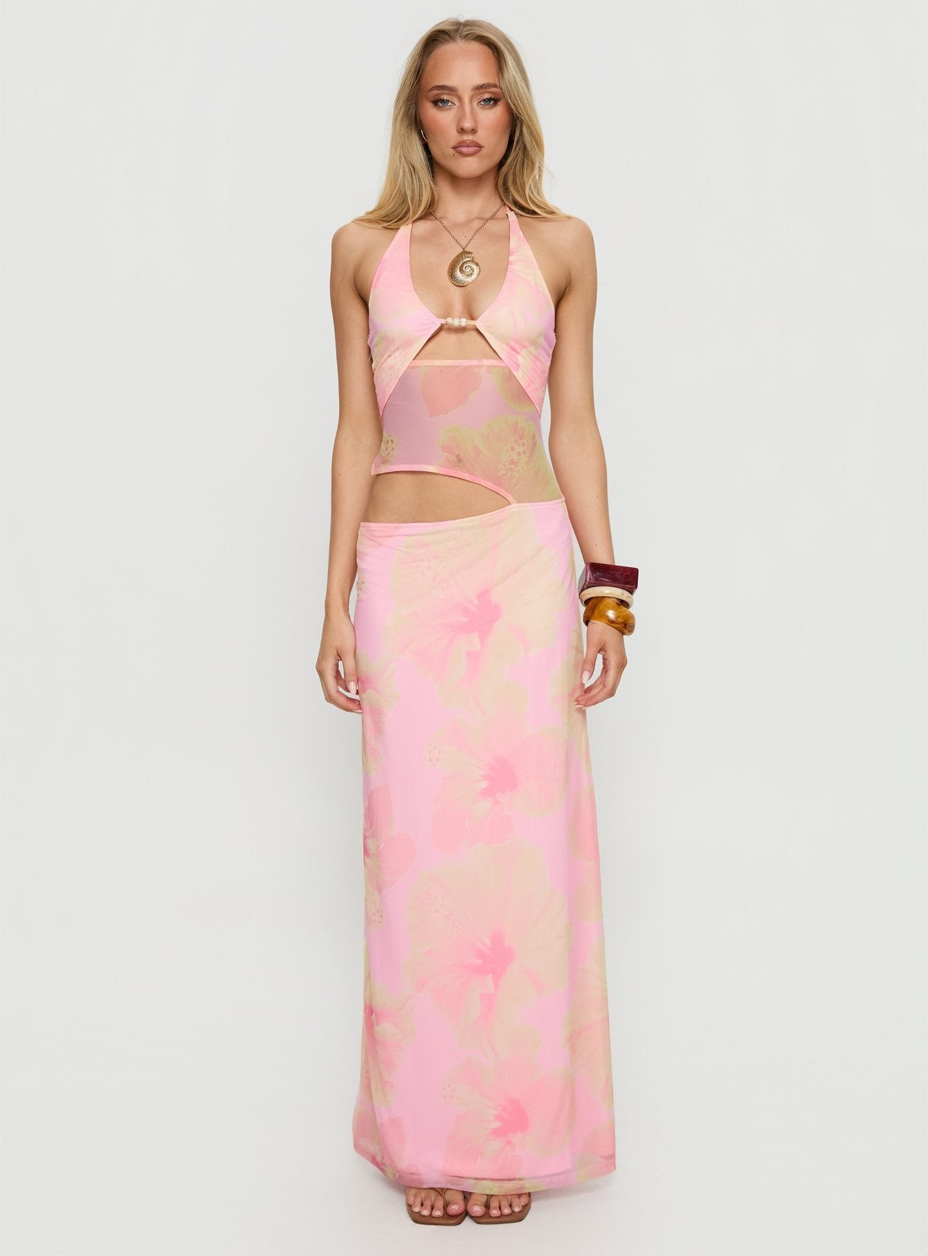 Dyanna Halter Mesh Maxi Dress Pink Floral Princess Polly