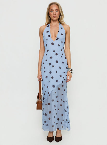 Oralee Halter Sheer Maxi Dress Blue / Polka Dot Princess Polly