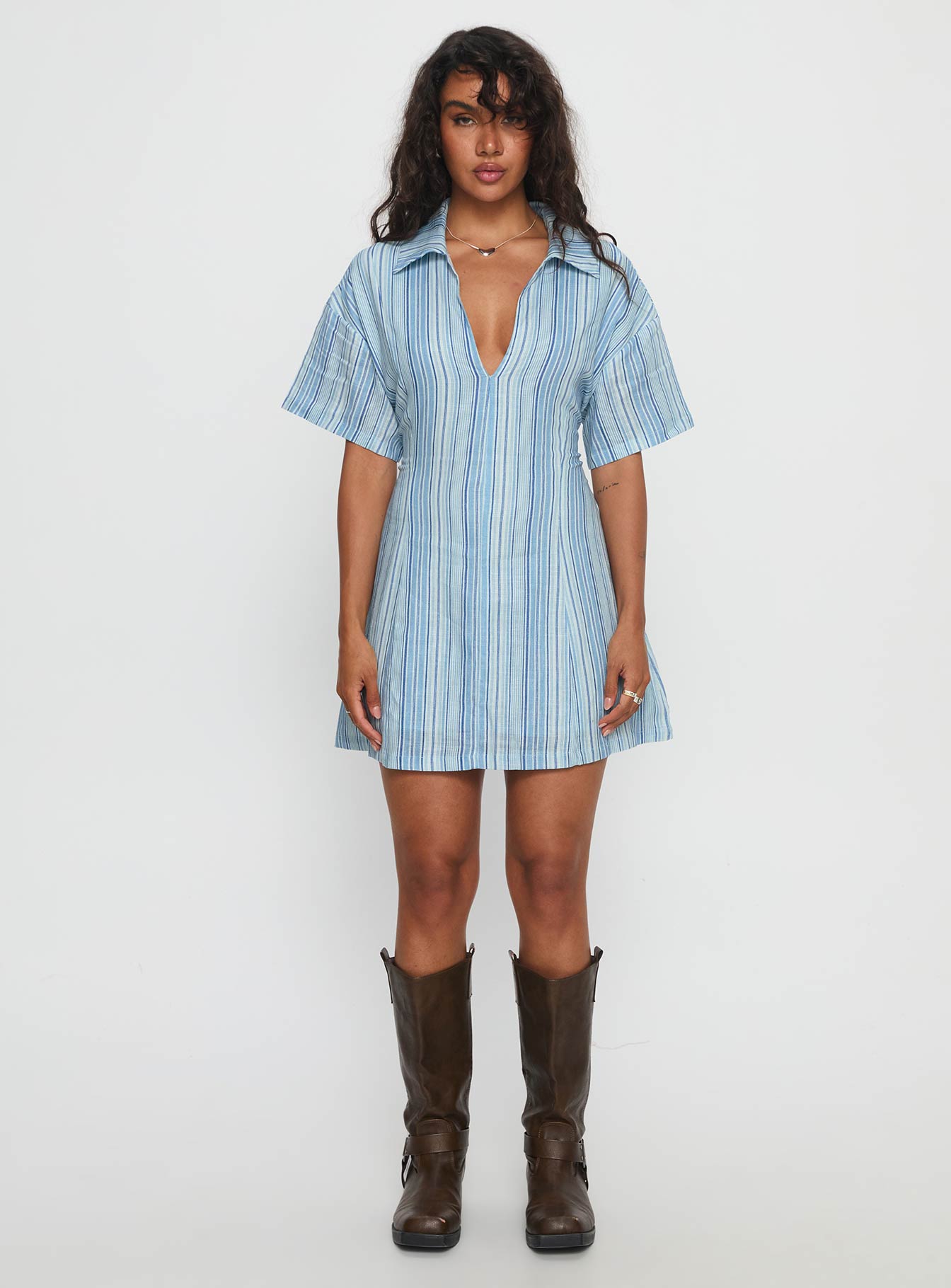 Wylla V Neck Linen Mini Dress Blue Stripe Princess Polly