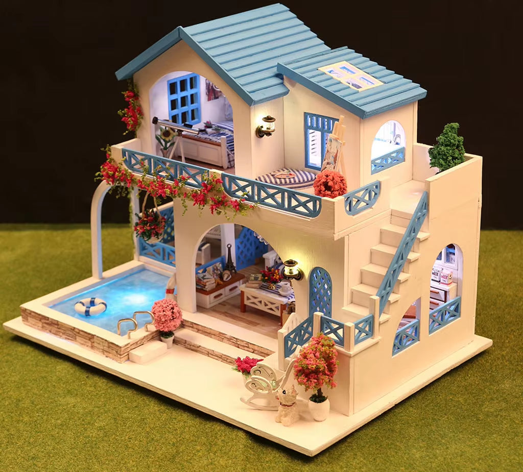 DIY Blue White Town Villa 3D Wooden Puzzle Coastal Style Handmade Assembly Model Miniature House Creative Birthday Gift