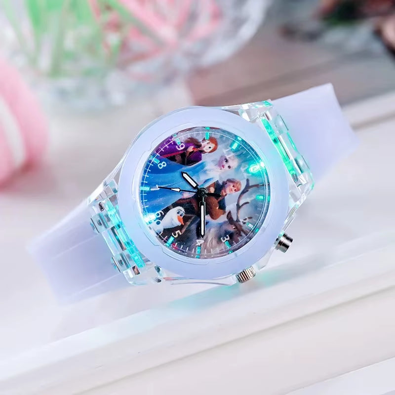 Disney Children Watch Frozen Princess Pattern Led Glowing Flash Fashion Kids Quartz Student Wristwatch Boy Girl Holiday Gifts
