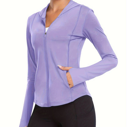 Women's Full-Zip Long Sleeve Sport Shirt with Thumbhole Design - Moisture-Wicking Protection Yoga Running Top, Light Blue All-Season Machine Washable Activewear, Running Shirt | Sporty Look | Stretchable Fabric Beauty World Shop