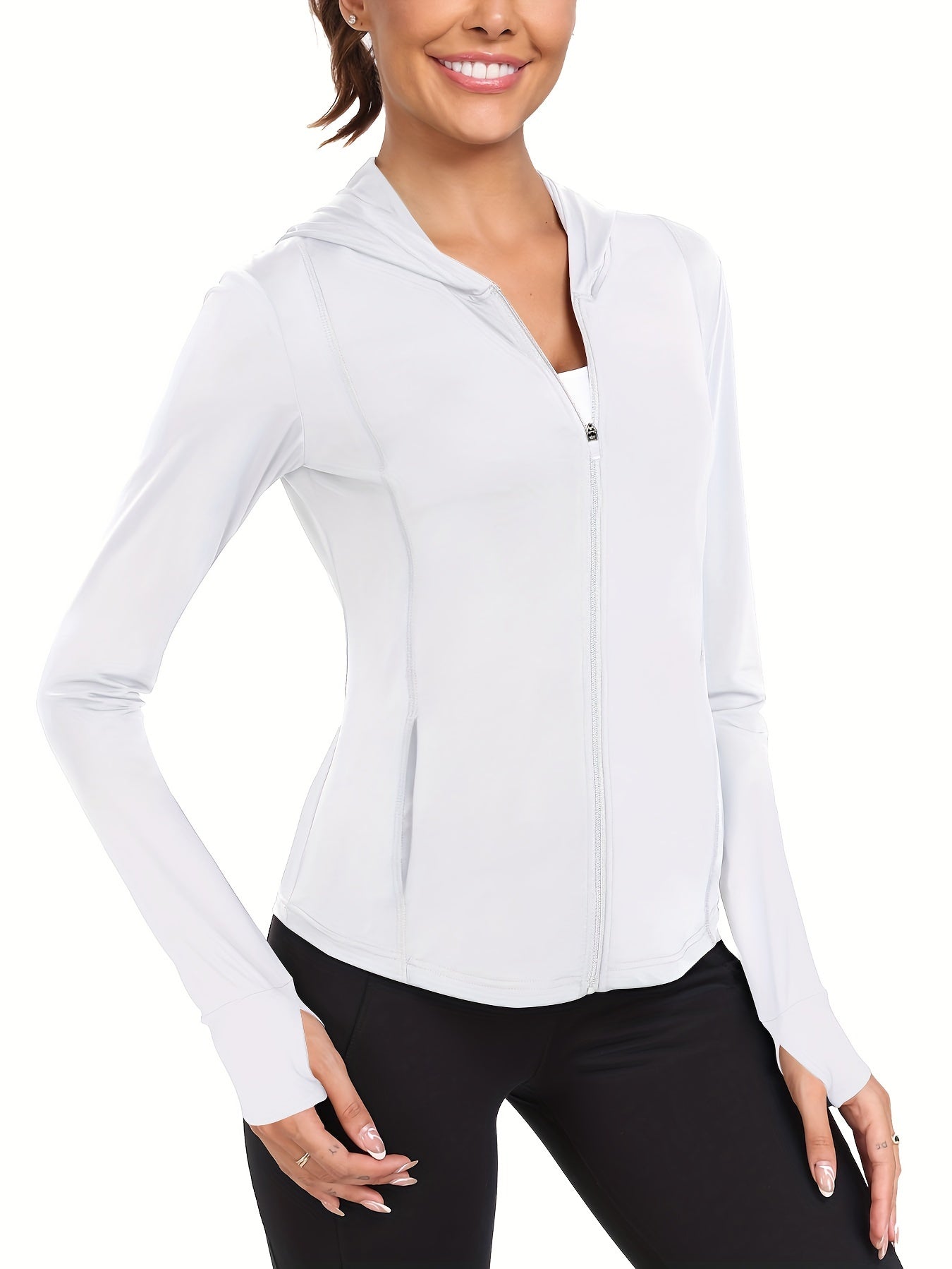 Women's Full-Zip Long Sleeve Sport Shirt with Thumbhole Design - Moisture-Wicking Protection Yoga Running Top, Light Blue All-Season Machine Washable Activewear, Running Shirt | Sporty Look | Stretchable Fabric Beauty World Shop