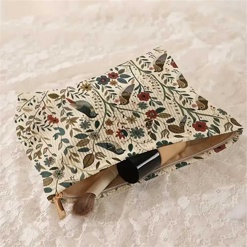 1Pc Cosmetic Bags Branch Bird Pattern Women'S Makeup Bag Corduroy Cosmetic Storage Bag Portable Commuting Travel Toiletry Bag