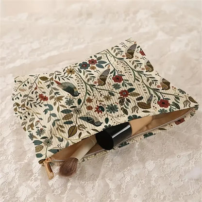 1Pc Cosmetic Bags Branch Bird Pattern Women'S Makeup Bag Corduroy Cosmetic Storage Bag Portable Commuting Travel Toiletry Bag