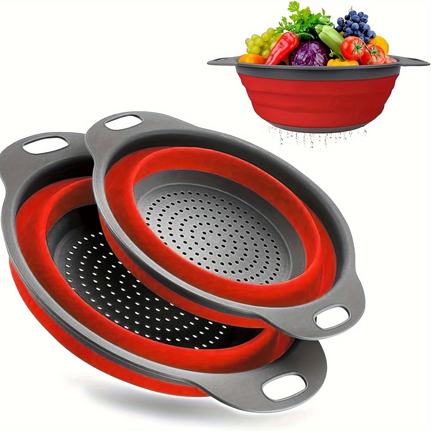 1/2 Set of Round Kitchen Draining Baskets, Foldable Funnel - Includes One Large And One Small, Perfect for Draining Pasta, Vegetables, And Fruits (Green, Red, Blue) Beauty Fashion