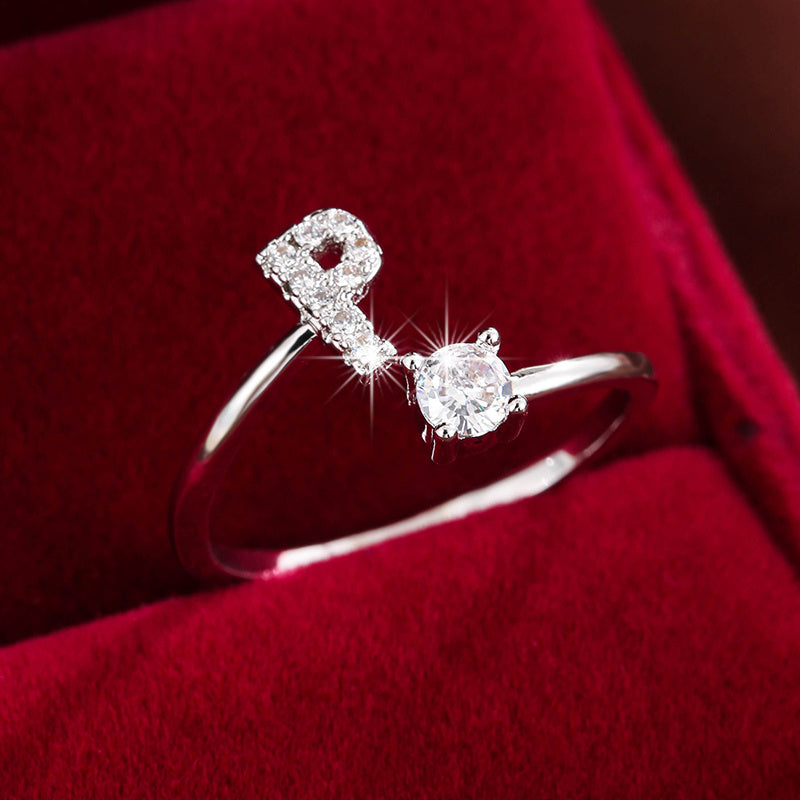 Fashionable 26 English Letters Four-Prong Synthetic Synthetic Zirconia Open Adjustment Ring Beauty Fashion