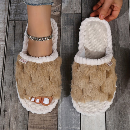 Colorblock Faux Fur Slippers, Casual Slip On Plush Lined Shoes, Comfortable Indoor Home Slippers Beauty Fashion