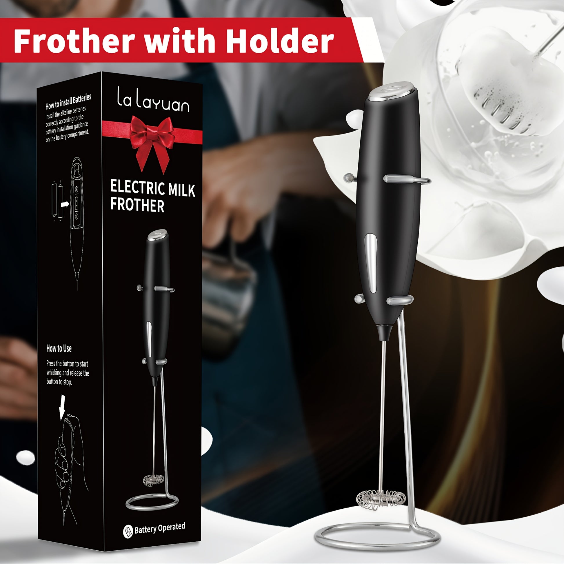 1pc LALAYUAN Electric Milk Frother & Whisk - Handheld Portable Foam Maker with Stainless Steel Teapot, Coffee & Chocolate Making, AA Battery Operated (Not Included) for Home Kitchen, Christmas Gifts, Office Use, Office Drink Beauty Fashion