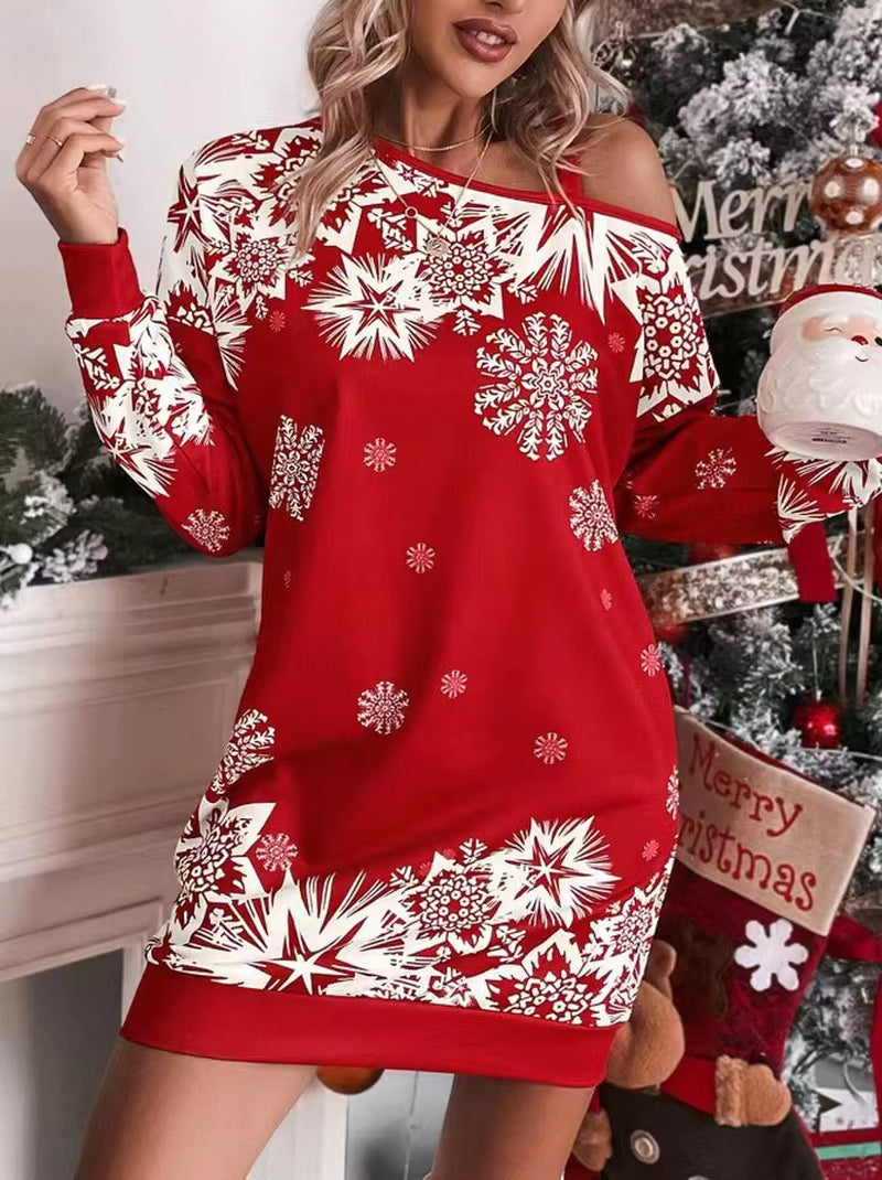 New Christmas Snowflake Print off Shoulder Dress Women Fashion Winter Long Sleeve Loose Party Mini Dresses for Women 2025