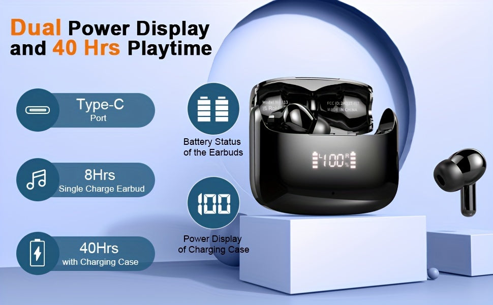 [40H Wireless Earbud] 40H Wireless Earbud, 5.3 Stereo Bass Earphones | Dual Mic Call, USB-C LED Display, Sport Headset