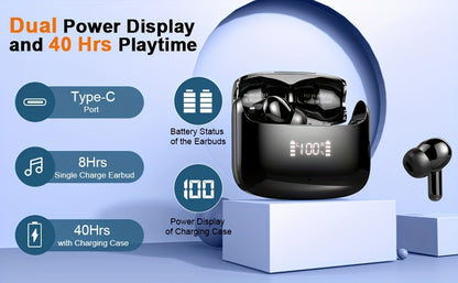 [40H Wireless Earbud] 40H Wireless Earbud, 5.3 Stereo Bass Earphones | Dual Mic Call, USB-C LED Display, Sport Headset