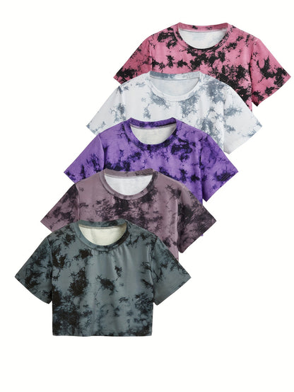 Women's Tie-Dye Short Loose Fit Casual Sport T-Shirt 5pcs Set Beauty World Shop