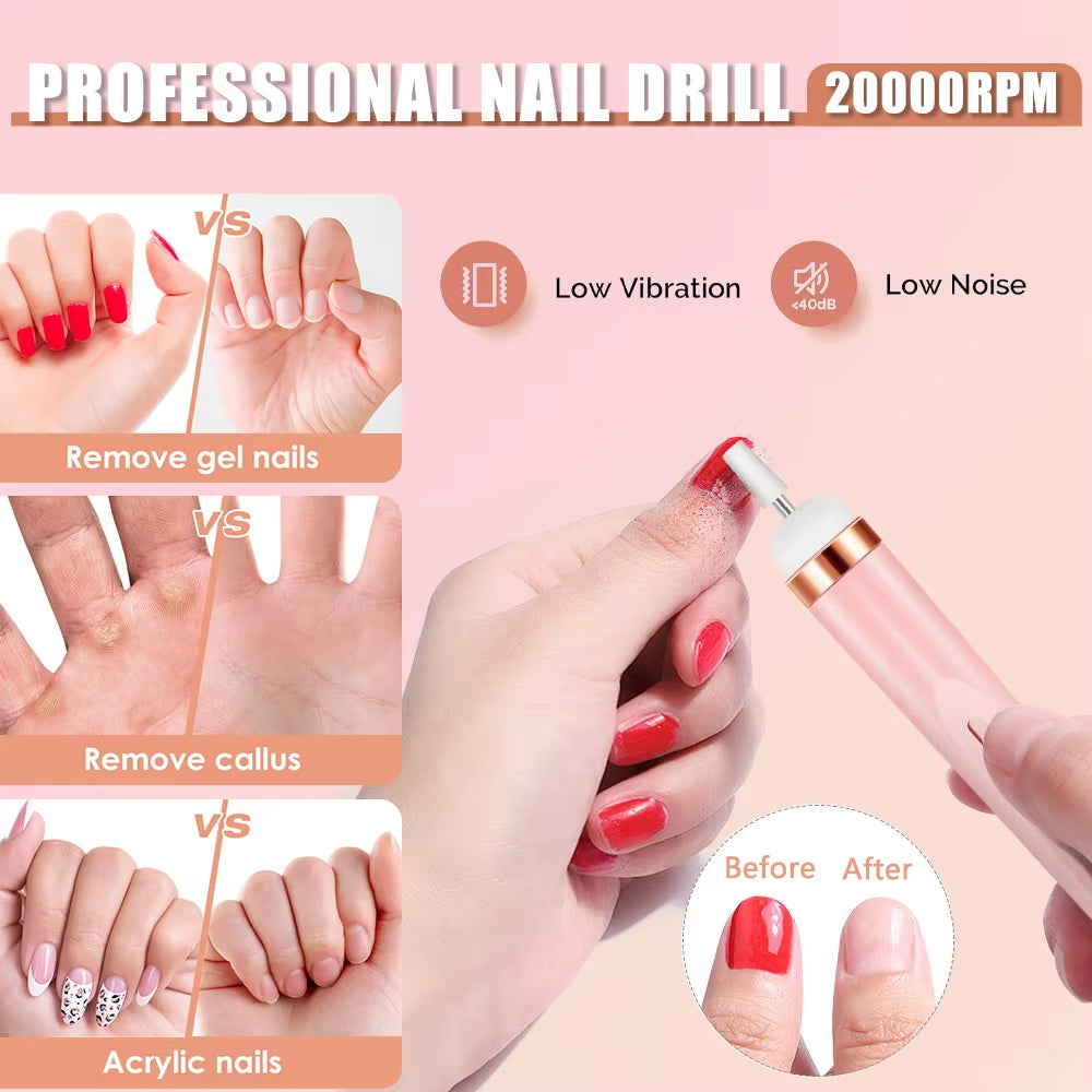 Multiple Gears Electric Nail Polish Drill Machine with Light Portable with Battery Electric Manicure Art Tools for Gel Remover