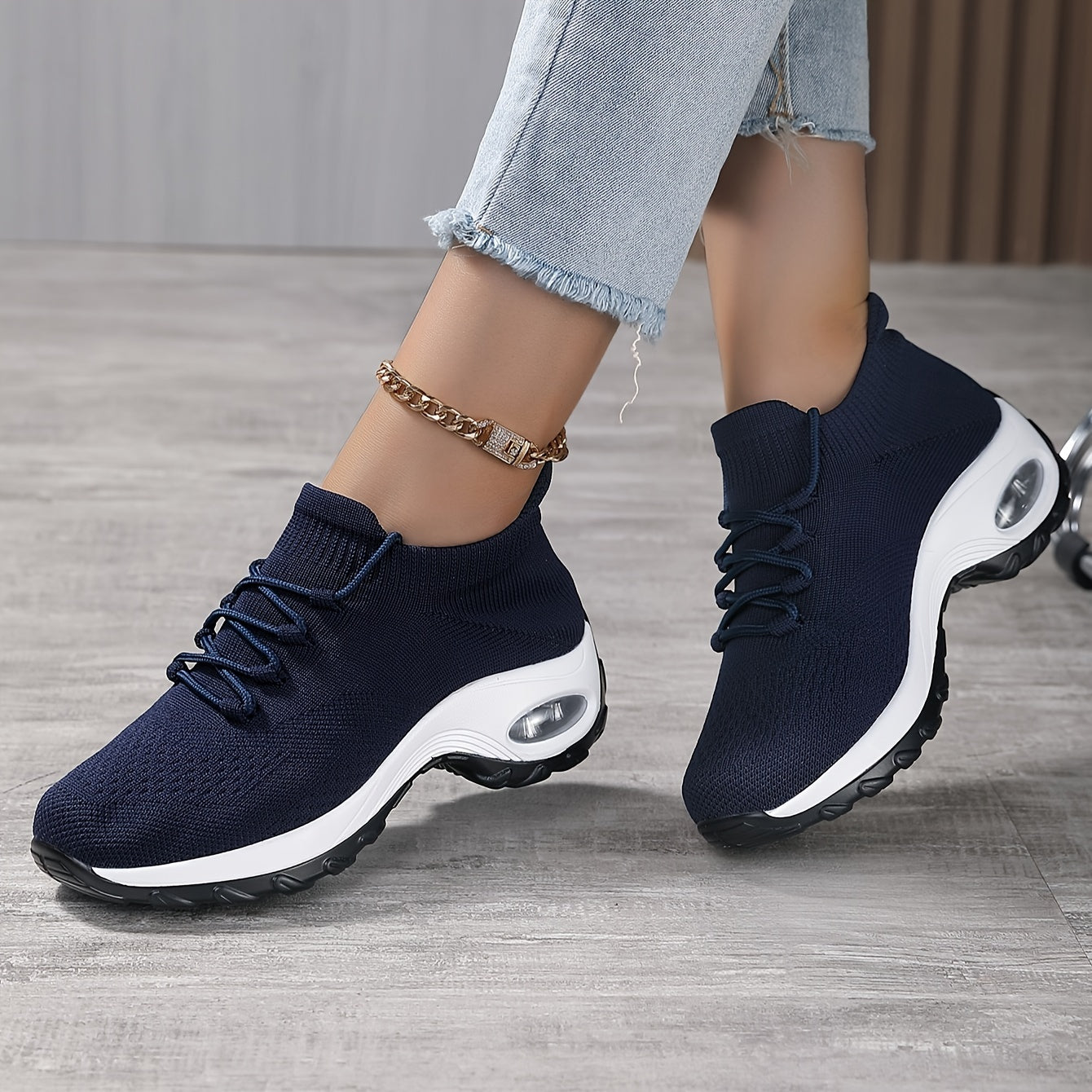 Women's Breathable Knit Chunky Sneakers, Casual Lace Up Outdoor Shoes, Comfortable Low Top Sport Shoes plus size
