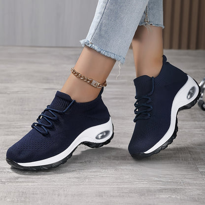 Women's Breathable Knit Chunky Sneakers, Casual Lace Up Outdoor Shoes, Comfortable Low Top Sport Shoes plus size