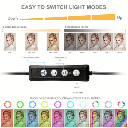1pc 10" Ring Light With Stand 62'' Tall & Phone Holder, 38 Color Modes Selfie Ring Light With Tripod Stand, Stepless Dimmable/Speed LED Ring Light Beauty Fashion