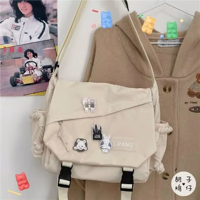 Kawaii Pins Decor Messenger Bag, Release Buckle Decor Flap Crossbody Bag, Large Capacity School Bag