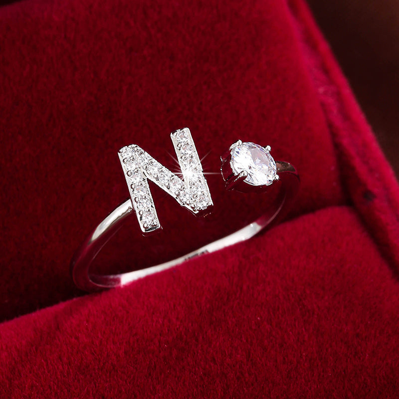 Fashionable 26 English Letters Four-Prong Synthetic Synthetic Zirconia Open Adjustment Ring Beauty Fashion