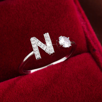 Fashionable 26 English Letters Four-Prong Synthetic Synthetic Zirconia Open Adjustment Ring Beauty Fashion